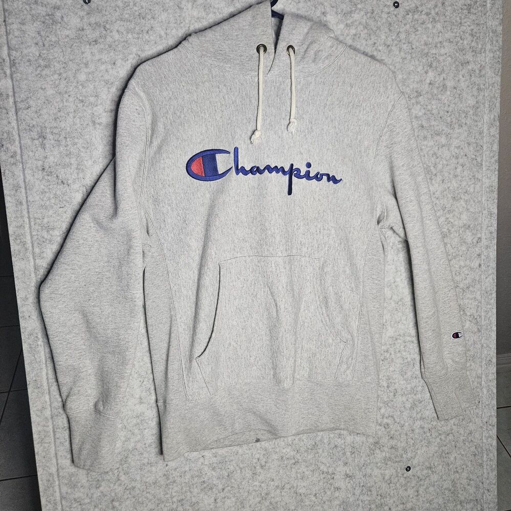 Vtg 1990s–2000s Champion Logo Reverse Weave Grey Hoodie Classic Design LG Size
